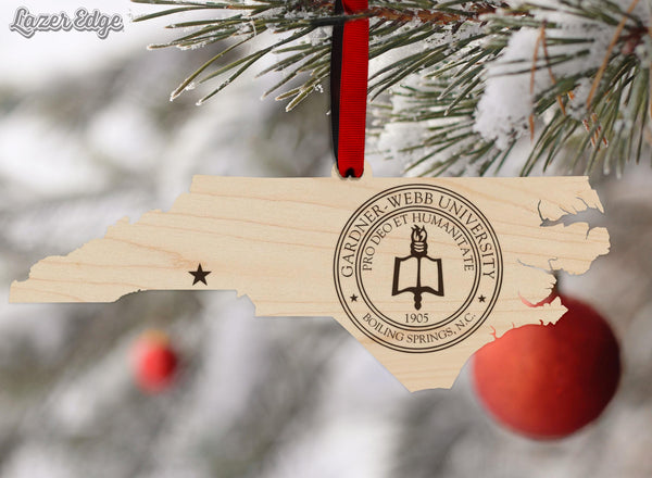 Gardner Webb University Seal on State Ornament – Crafted from Cherry Wood – Gardner Webb Bulldogs