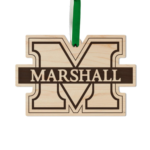 Marshall University Logo Ornament – Crafted from Cherry and Maple Wood – Marshall Bison