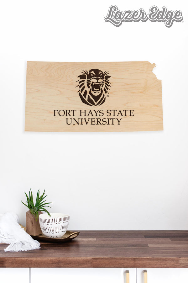 Fort Hays State University Tigers on State Wall Hanging - Crafted from Cherry or Maple Wood - Fort Hays State University Tigers