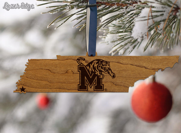 University of Memphis Block M on State Ornament – Crafted from Cherry and Maple Wood – Memphis Tigers