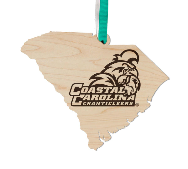 Coastal Carolina University Chanticleers on State Ornament – Crafted from Cherry and Maple Wood – Coastal Carolina Chanticleers