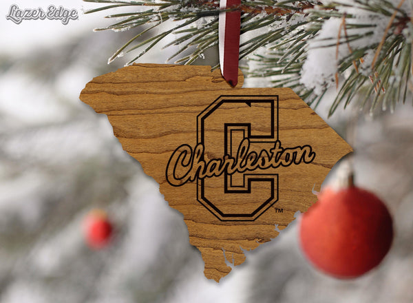 College of Charleston Logo on State Ornament – Crafted from Cherry and Maple Wood – College of Charleston