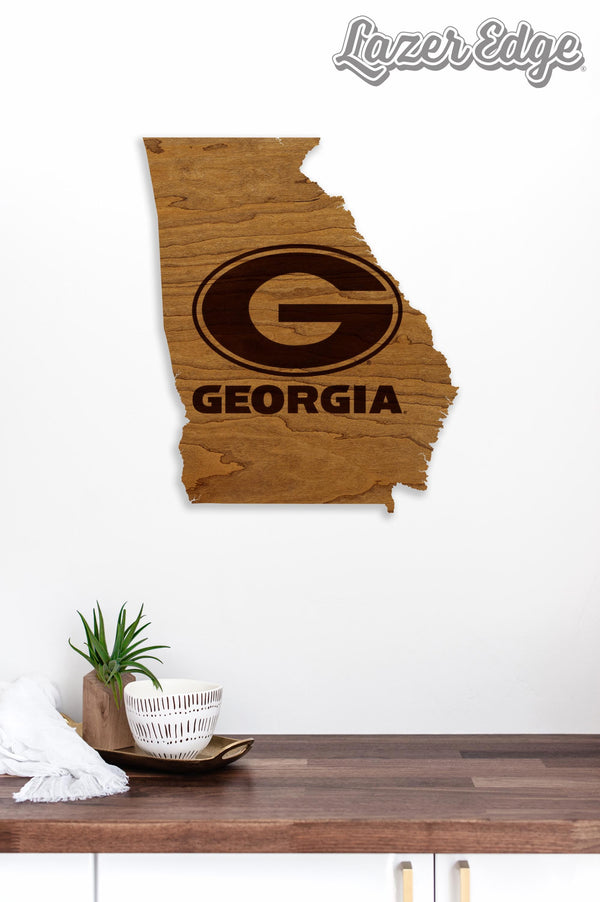University of Georgia Logo and Wordmark on State Wall Hanging - Crafted from Cherry or Maple Wood - Georgia Bulldogs