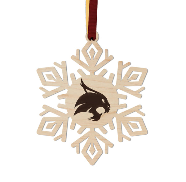 Texas State University Bobcats Snowflake Ornament – Crafted from Cherry and Maple Wood – Texas State Bobcats