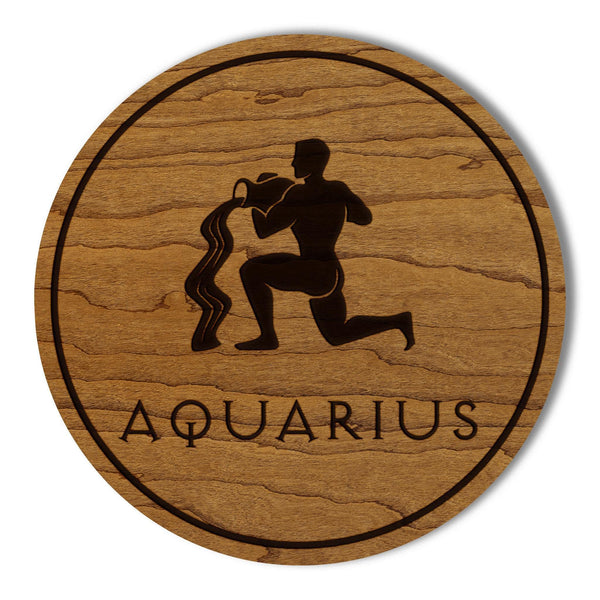 Aquarius Symbol Zodiac Coaster – Crafted from Cherry or Maple Wood