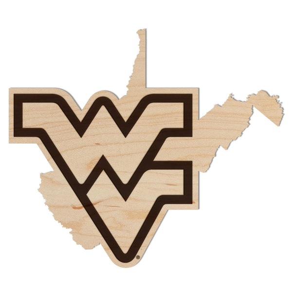 West Virginia University WV Logo on State Wall Hanging - Crafted from Cherry and Maple Wood - West Virginia Mountaineers