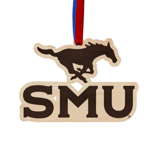 Southern Methodist University Mustang Wordmark Ornament –Crafted from Cherry and Maple Wood – SMU Mustangs