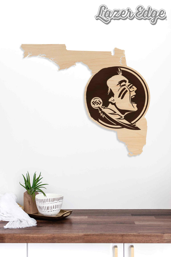 Florida State University Seminole Head on State Wall Hanging - Crafted from Cherry or Maple Wood - Florida State Seminoles