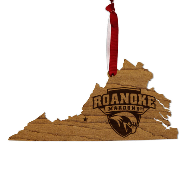 Roanoke College Maroons on State Ornament – Crafted from Cherry and Maple Wood – Roanoke Maroons