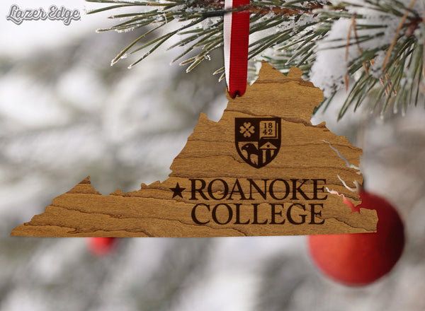 Roanoke College Institution Mark on State Ornament – Crafted from Cherry and Maple Wood – Roanoke Maroons