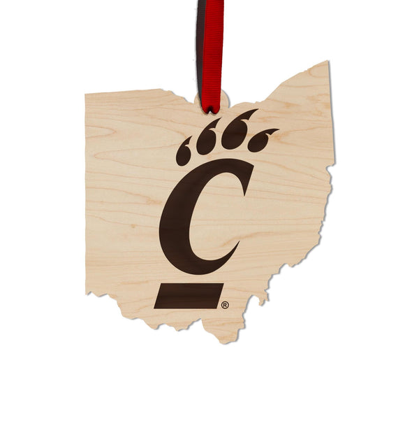 University of Cincinnati Bearcat on State Ornament – Crafted from Cherry and Maple Wood – Cincinnati Bearcats