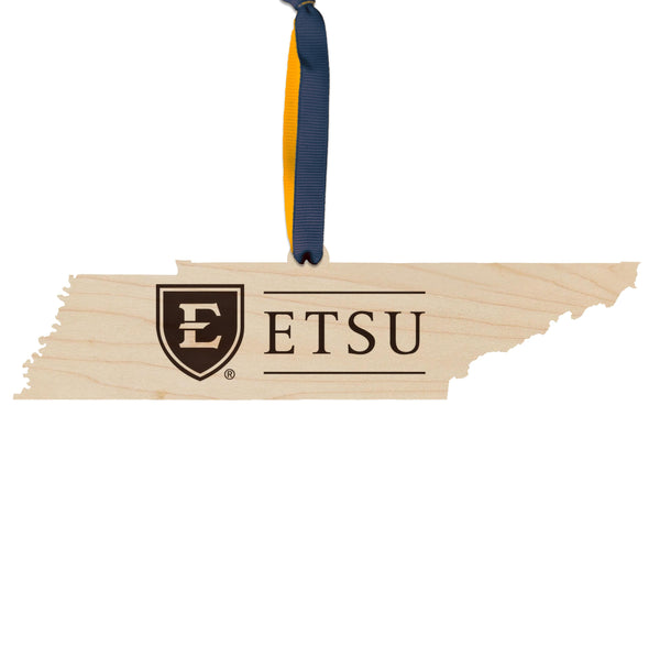 East Tennessee State University Wordmark on State Ornament – Crafted from Cherry and Maple Wood – East Tennessee State Buccaneers