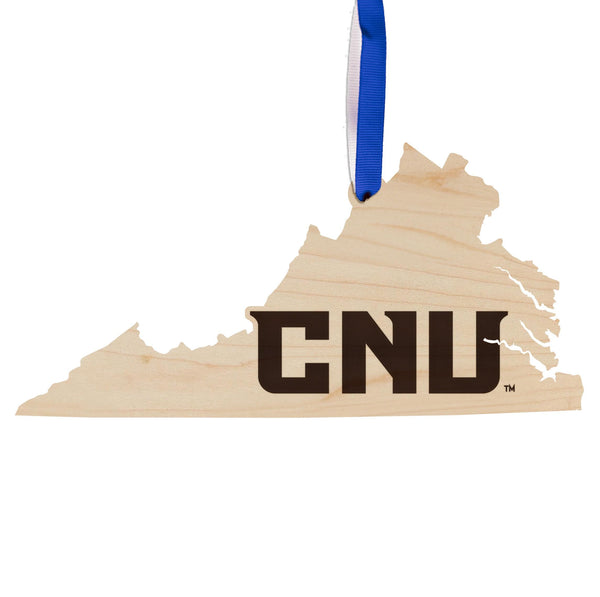 Christopher Newport University Initials on State Ornament – Crafted from Cherry and Maple Wood – CNU Captains