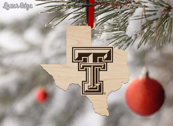 Texas Tech University Double T on State Ornament – Crafted from Cherry and Maple Wood – Texas Tech Red Raiders