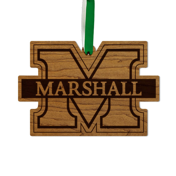 Marshall University Logo Ornament – Crafted from Cherry and Maple Wood – Marshall Bison