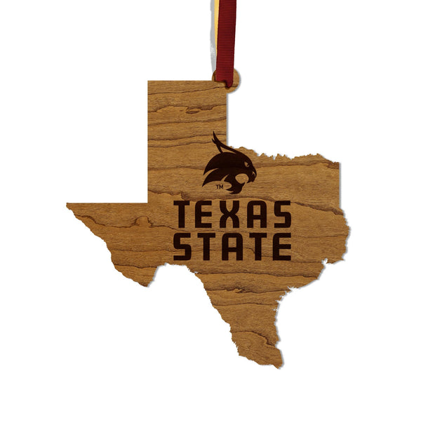 Texas State University Bobcats on State Ornament – Crafted from Cherry and Maple Wood – Texas State Bobcats