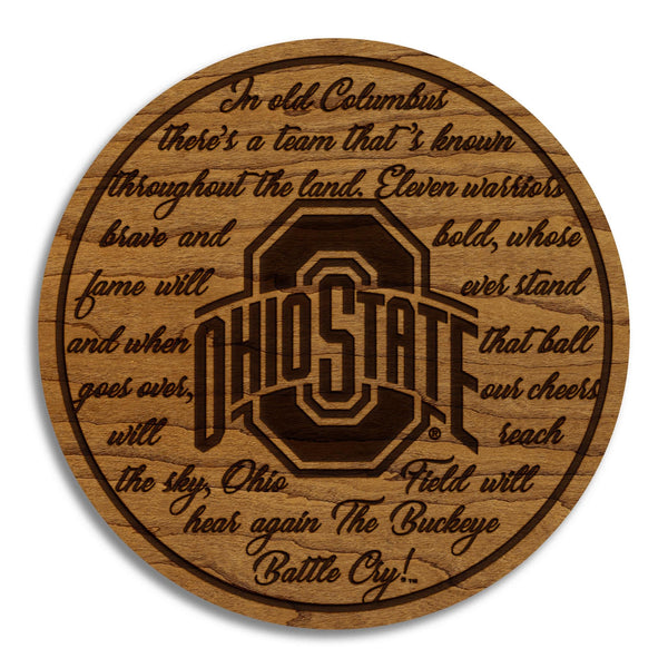 Ohio State University Battle Cry Coaster – Crafted from Cherry or Maple Wood – Ohio State Buckeyes