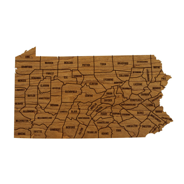 Pennsylvania County Map Wall Hanging - Crafted from Cherry or Maple Wood