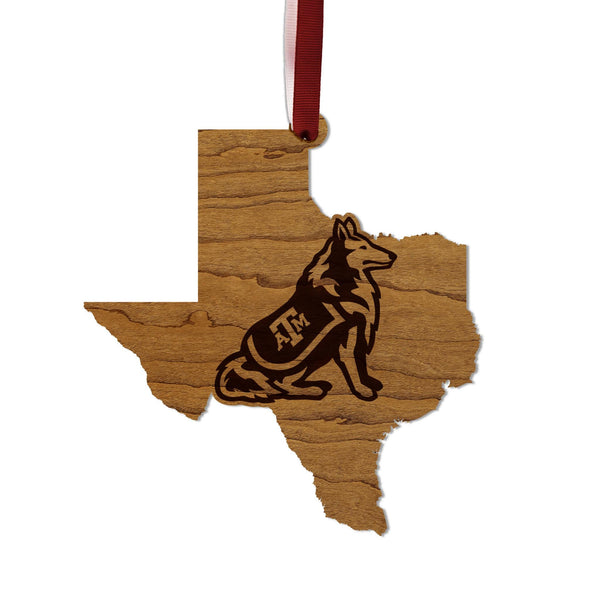 Texas A&M University Reveille Dog on State Ornament – Crafted from Cherry and Maple Wood – Texas A and M Aggies