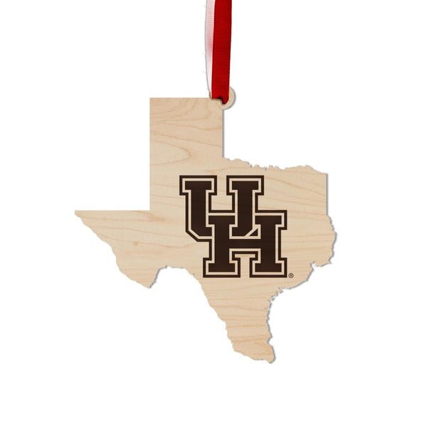 University of Houston UH on State Ornament – Crafted from Cherry and Maple Wood – Houston Cougars