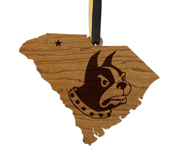 Wofford College Terriers on State Ornament – Crafted from Cherry and Maple Wood – Wofford Terriers