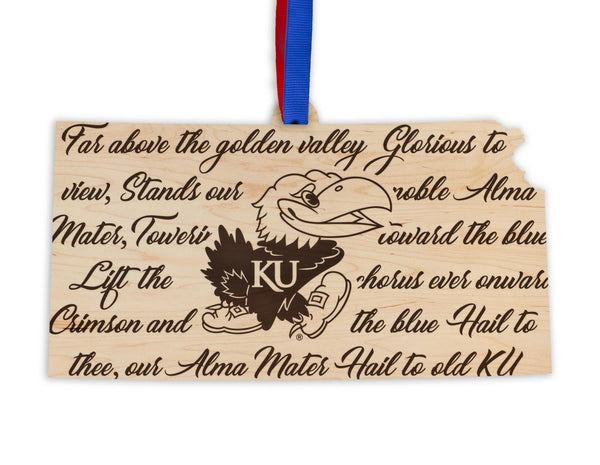Kansas University Fight Song on State Ornament – Crafted from Cherry and Maple Wood – Kansas Jayhawks