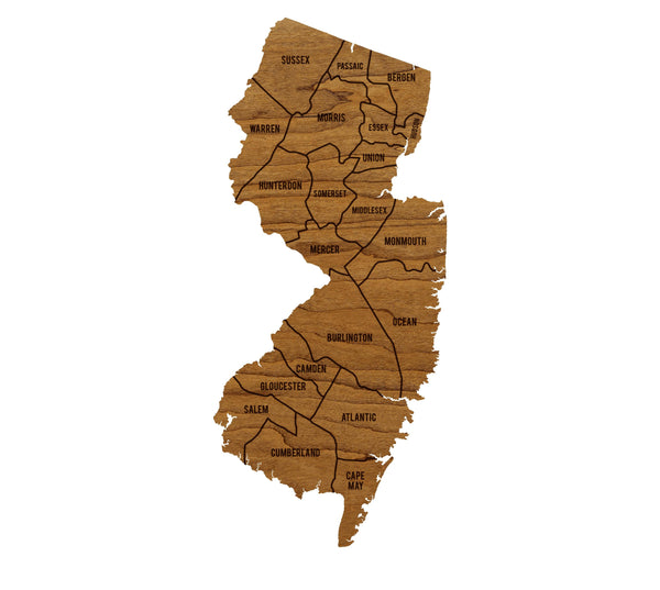New Jersey County Map Wall Hanging - Crafted from Cherry or Maple Wood