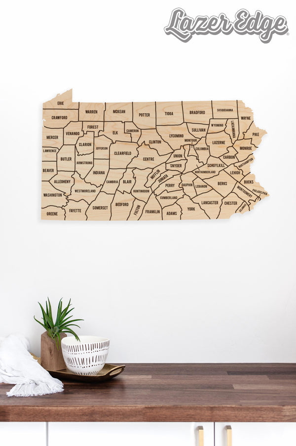 Pennsylvania County Map Wall Hanging - Crafted from Cherry or Maple Wood