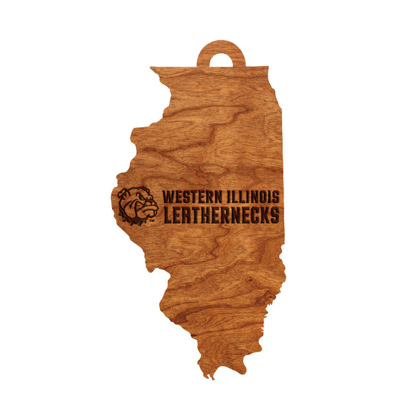 Western Illinois Ornament Western Leathernecks Bulldog – Crafted from Wood – Western (WIU)Logo  State Outline