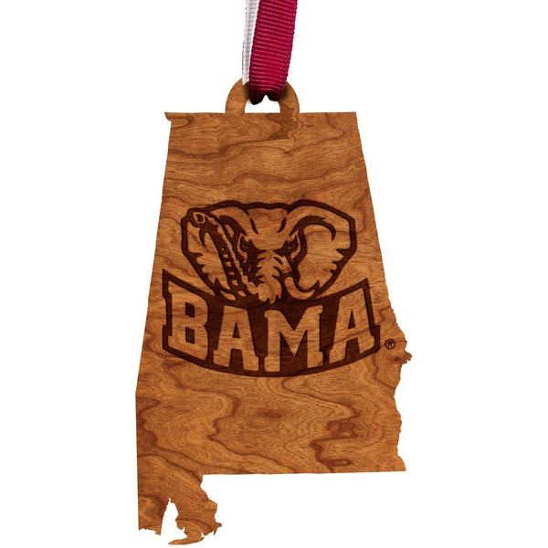 Alabama Crimson Tide Ornament - Crafted from Cherry or Maple Wood - Multiple Designs Available Ornament LazerEdge Alabama Big Al on State Cherry 