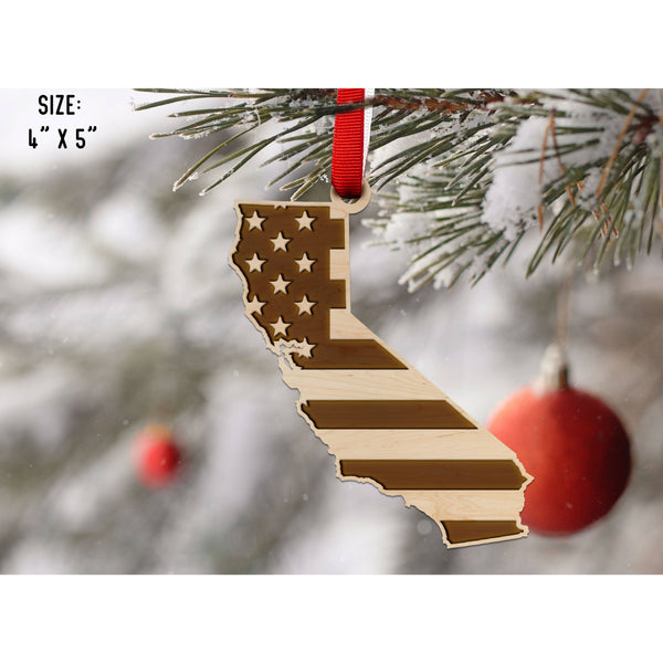 American Flag State Outline Ornament ( Available In All 50 States) Ornament Shop LazerEdge CA - California Maple 
