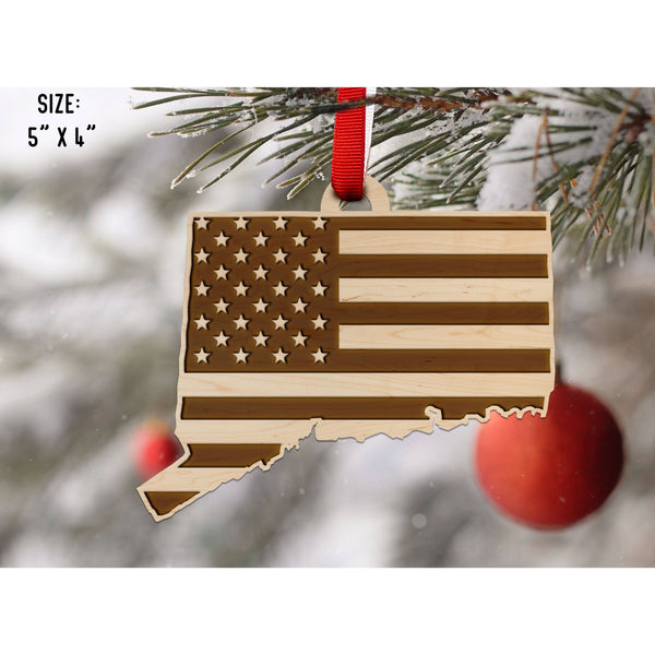 American Flag State Outline Ornament ( Available In All 50 States) Ornament Shop LazerEdge CT - Connecticut Maple 