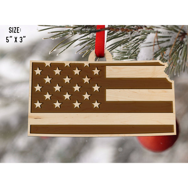 American Flag State Outline Ornament ( Available In All 50 States) Ornament Shop LazerEdge KS - Kansas Maple 