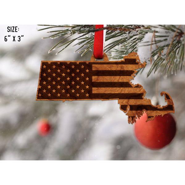 American Flag State Outline Ornament ( Available In All 50 States) Ornament Shop LazerEdge MA - Massachusetts Cherry 