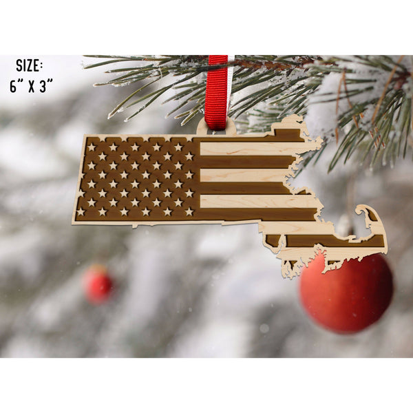 American Flag State Outline Ornament ( Available In All 50 States) Ornament Shop LazerEdge MA - Massachusetts Maple 
