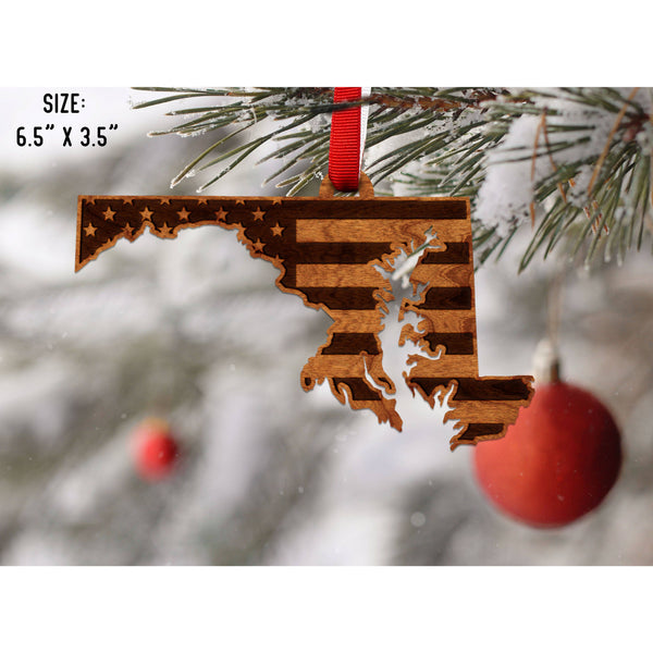 American Flag State Outline Ornament ( Available In All 50 States) Ornament Shop LazerEdge MD - Maryland Cherry 