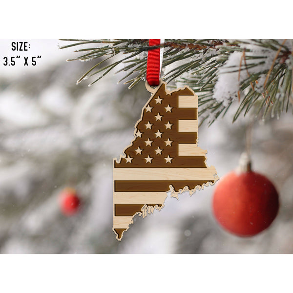 American Flag State Outline Ornament ( Available In All 50 States) Ornament Shop LazerEdge ME - Maine Maple 