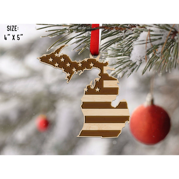 American Flag State Outline Ornament ( Available In All 50 States) Ornament Shop LazerEdge MI - Michigan Maple 