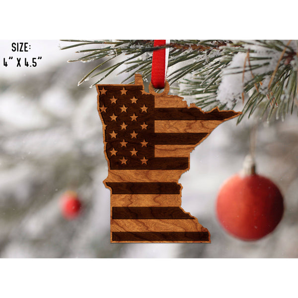 American Flag State Outline Ornament ( Available In All 50 States) Ornament Shop LazerEdge MN - Minnesota Cherry 