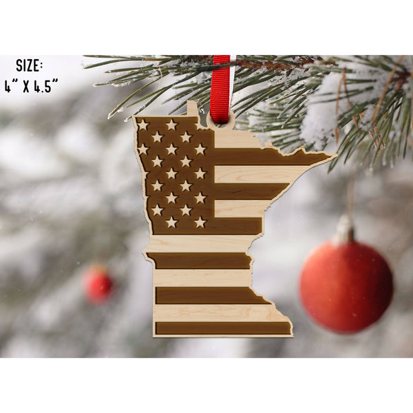American Flag State Outline Ornament ( Available In All 50 States) Ornament Shop LazerEdge MN - Minnesota Maple 