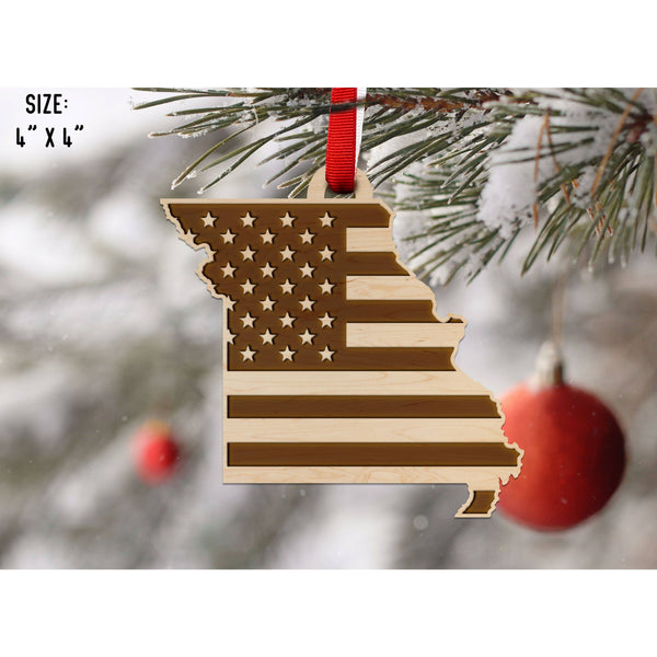 American Flag State Outline Ornament ( Available In All 50 States) Ornament Shop LazerEdge MO - Missouri Maple 
