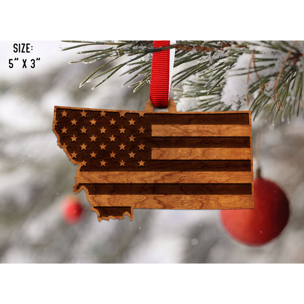 American Flag State Outline Ornament ( Available In All 50 States) Ornament Shop LazerEdge MT - Montana Cherry 