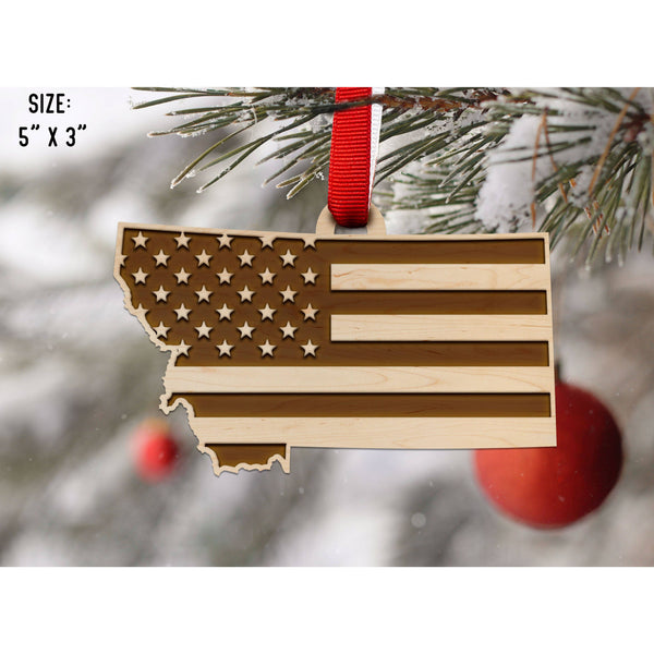 American Flag State Outline Ornament ( Available In All 50 States) Ornament Shop LazerEdge MT - Montana Maple 