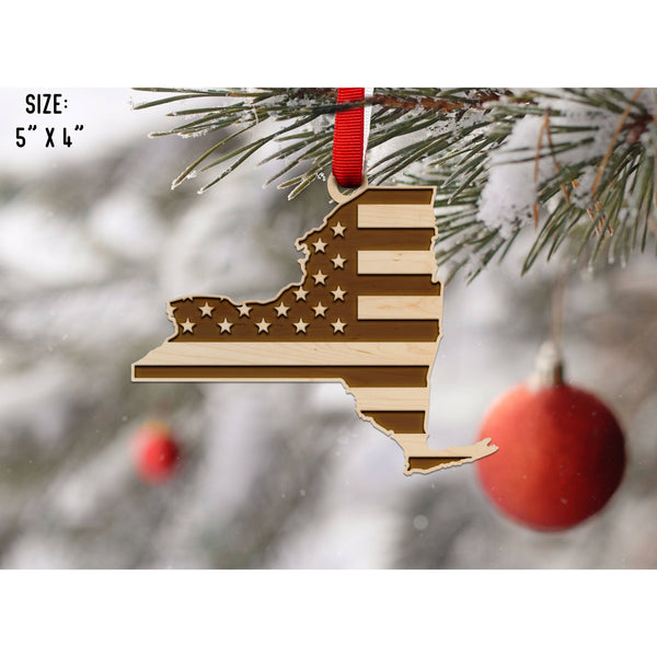 American Flag State Outline Ornament ( Available In All 50 States) Ornament Shop LazerEdge NY - New York Maple 