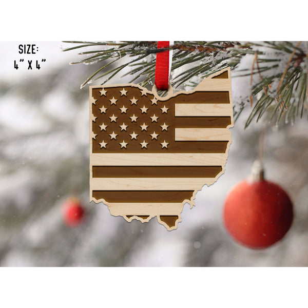 American Flag State Outline Ornament ( Available In All 50 States) Ornament Shop LazerEdge OH - Ohio Maple 