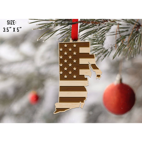 American Flag State Outline Ornament ( Available In All 50 States) Ornament Shop LazerEdge RI - Rhode Island Maple 