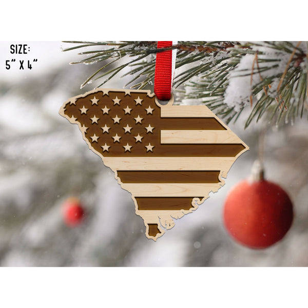 American Flag State Outline Ornament ( Available In All 50 States) Ornament Shop LazerEdge SC - South Carolina Maple 