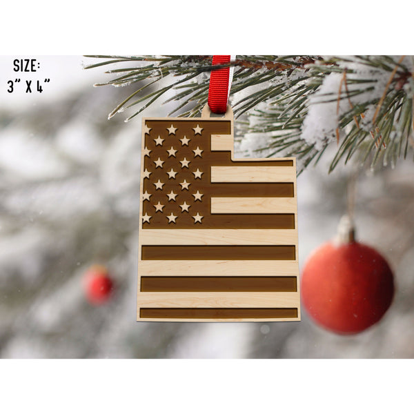 American Flag State Outline Ornament ( Available In All 50 States) Ornament Shop LazerEdge UT - Utah Maple 