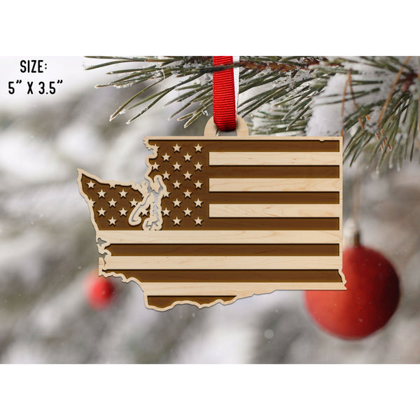 American Flag State Outline Ornament ( Available In All 50 States) Ornament Shop LazerEdge WA - Washington Maple 
