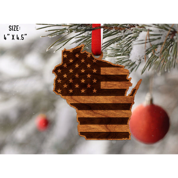 American Flag State Outline Ornament ( Available In All 50 States) Ornament Shop LazerEdge WI - Wisconsin Cherry 